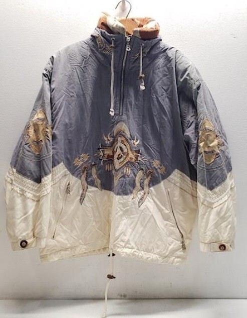 Giacca cappotto ricamato vintage anni '90 Willy Bogner pony indiano ghiaccio blu beige S