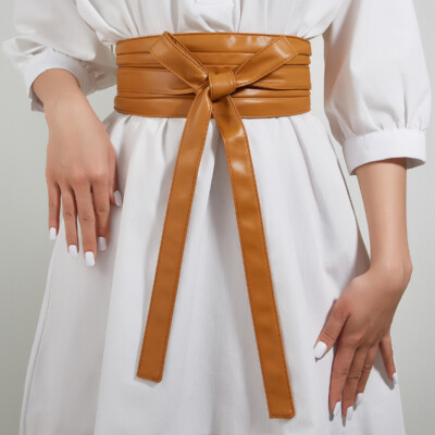 Women Faux Leather Obi Belt Self Tie Wrap Around Elastic  display picture 3