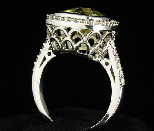 SIGNED NATURAL LEMON QUARTZ & DIAMOND HALO SOLID 14K WHITE GOLD COCKTAIL RING - Picture 7 of 12