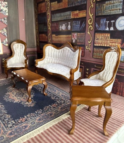 New Victorian Dollhouse Living Room Set Sofa Chairs Table 1:12 Scale Furniture