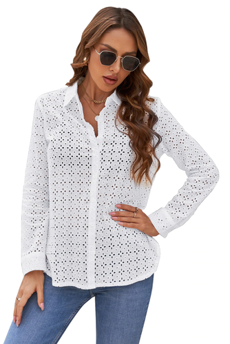 Women White Long Sleeve Eyelet Floral 