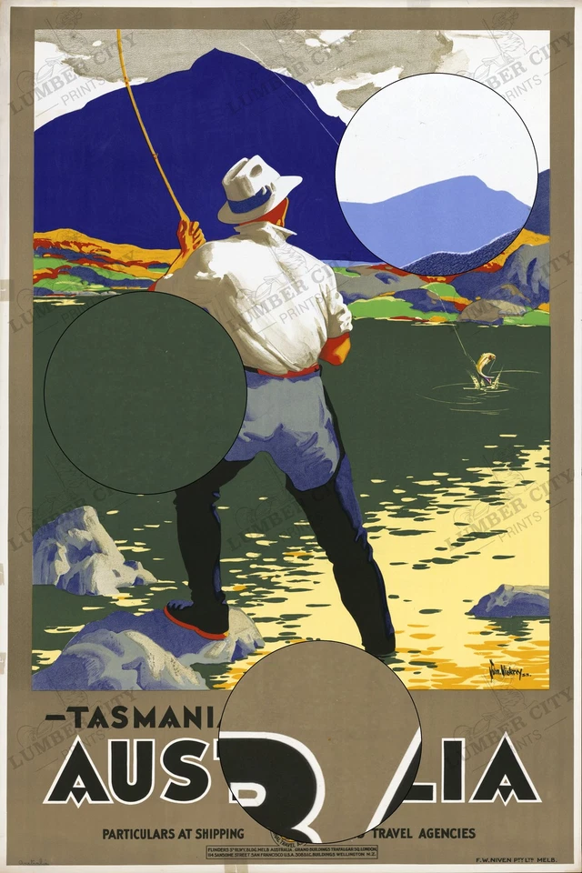 Pôster de viagem vintage Tasmânia Austrália pesca 1933 impressão arte parede retrô - Imagem 2 de 4