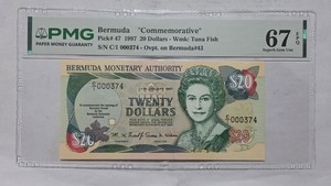 Pick #47 1997 Bermuda 20 Dollars Commemorative Banknote PMG 67 EPQ (LOW SERIAL)