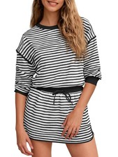 Womens Striped 2 Piece Outfits Crewneck Workout Sets High Waist Skort Set Lon...