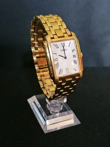 SEIKO Mens Gold Tone Wristwatch Date /Roman Numerals 7N39 5B20 New Battery Works