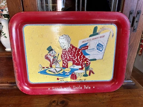 Vintage tin serving tray featuring "Lunch with Uncle Pete" and "Supreme Bread”