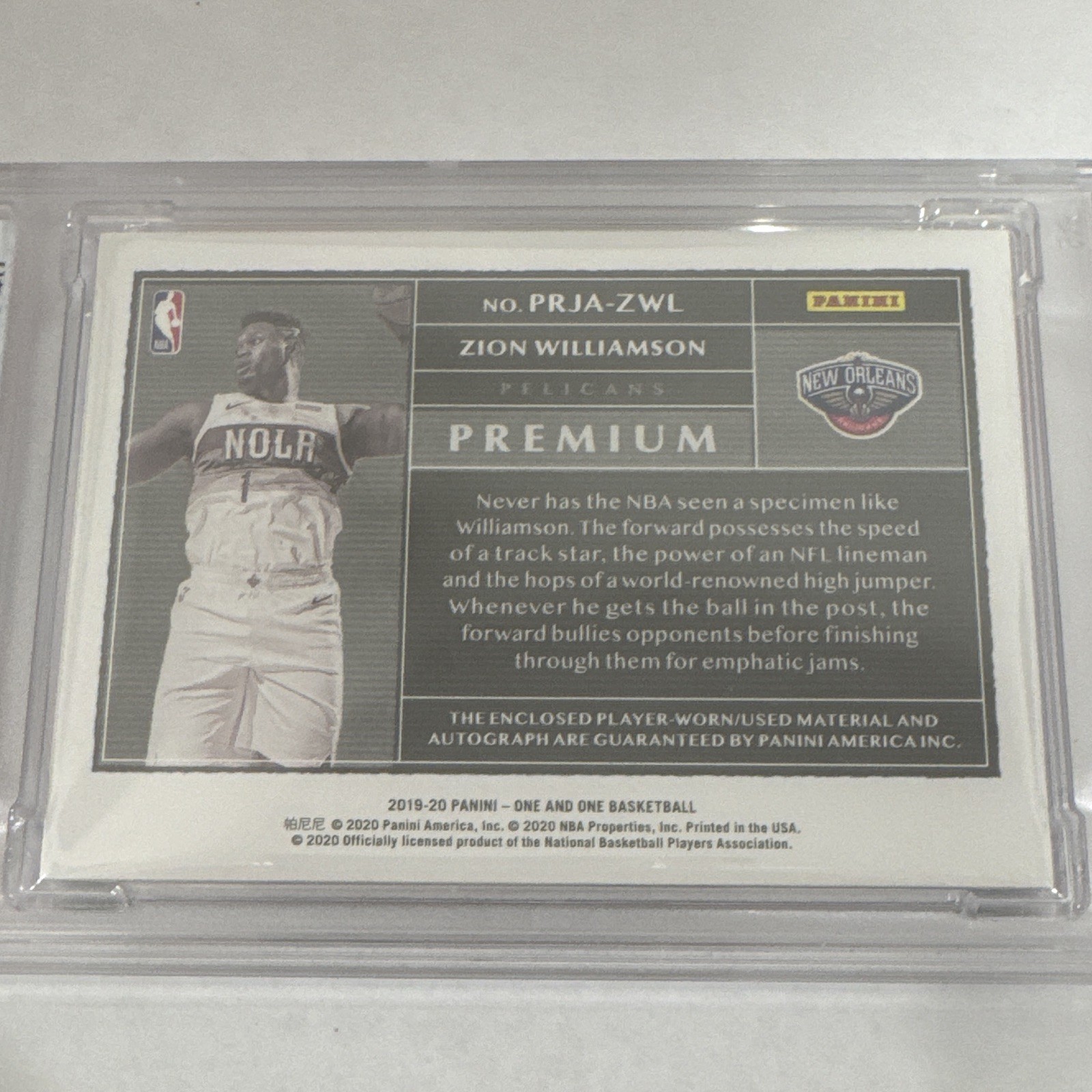 2019-20 Panini One and One Zion Williamson Rookie Jersey Auto RPA RC /49 PSA 9 view 6