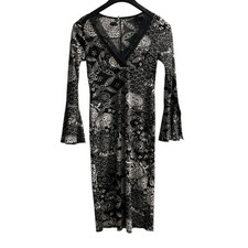 Vintage Y2K Wet Seal Dress Womens S Black Floral Babydoll Midi Flare Split Slv