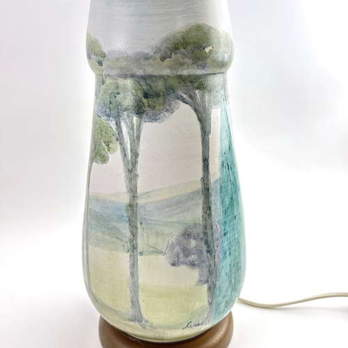 Vintage Keramik Tischlampe | Handbemalt Landschaft | Holzsockel | O. Schirm 33cm - Picture 4 of 21