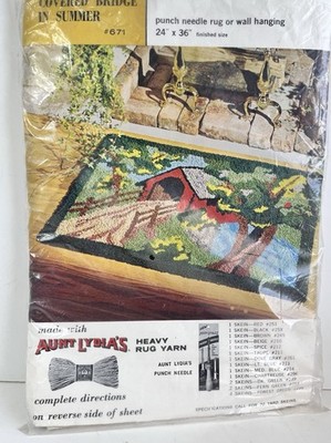 Aunt Lydia s Covered Bridge In Summer Punch Needle Rug 24x36 Vintage NOS 671