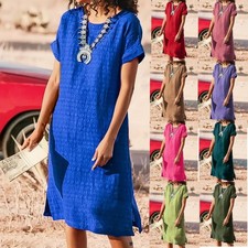 Ladies Loose Fit Midi Dress Summer Beach Boho Casual Short Sleeve Solid Sundress