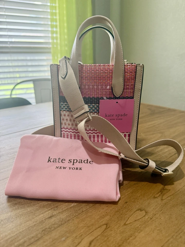 NWT Kate Spade Manhattan Woven Striped Plaid Mini Tote Light Pink Bag Purse - Image 2 of 4