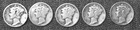 Mercury Dimes, 90% silver, dated 1935, 1936, 1937, 1938, 1939