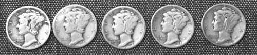 Mercury Dimes, 90% silver, dated 1935, 1936, 1937, 1938, 1939
