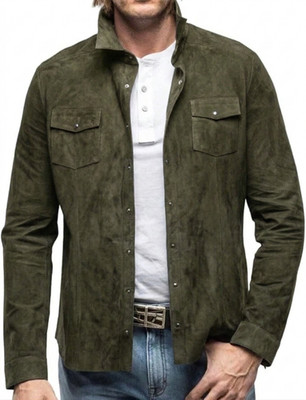 Men's Olive Green Suede Shirt Real Sheepskin Suede Casual Wear Stylish Shirt