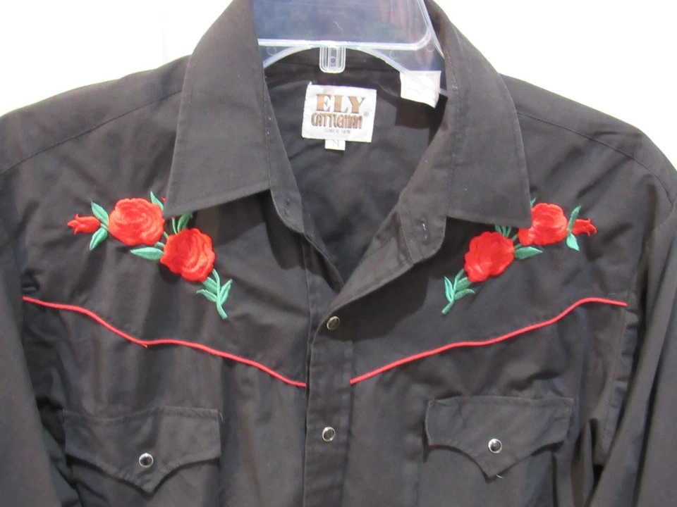 Ely Cattleman American Roses Western Ranch Camisa Hombre Mediana Negra Botón a Presión Foto 2 de 4