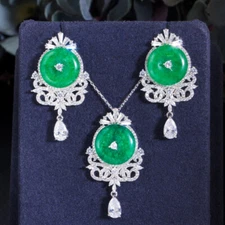 Vintage Round Green CZ Long Chandelier Drop Earrings Necklace Ethnic Jewelry Set