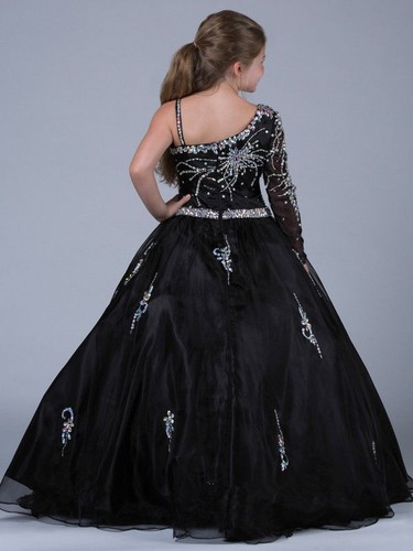 White Blue Black Girl kids one shoulder Pageant Prom Princess Flower Girl Dress - Picture 7 of 11