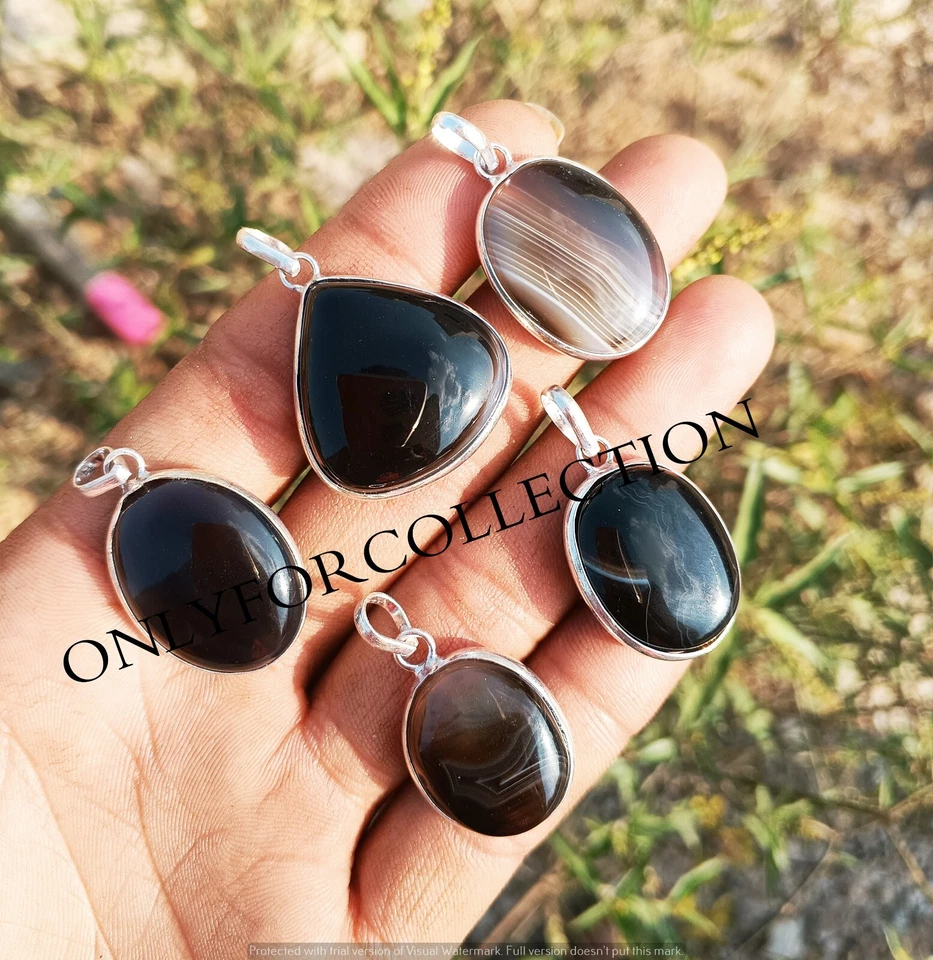 Lote de colgantes bisel enchapados en plata de ley 925 piedras preciosas de ágata con bandas negras Foto 3 de 3
