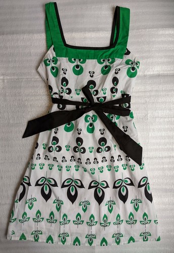 PRETTY Paper Doll Green Black Floral Tank Straps A Line Mid Dress w/ Tie 12 XS - Picture 2 of 10