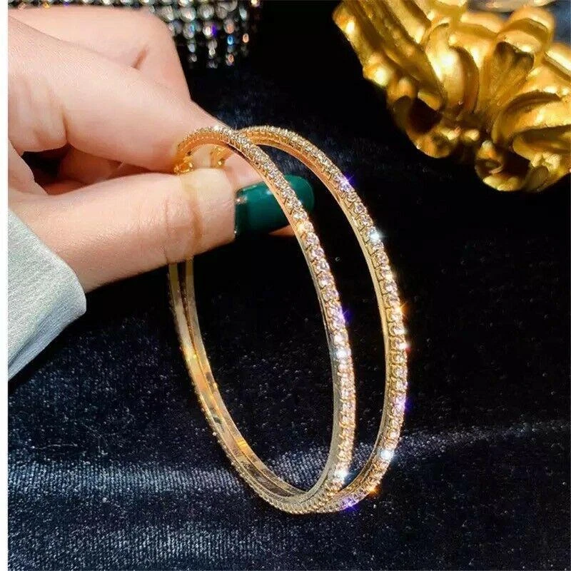Argollas Grandes De Mujer Chapada En Oro 10k De Cristal Fina