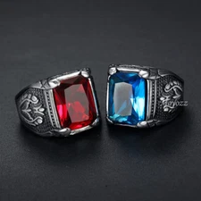 Mens Blue Red CZ Aquamarine Square Stone Ring Stainless Steel Size 7 8 9-15 Gift