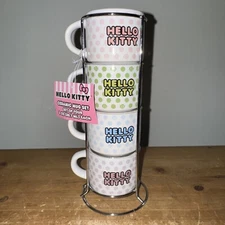 Hello Kitty Polka Dots 4pc Stackable Saniro Ceramic Espresso Cup Set 3 Oz NWT