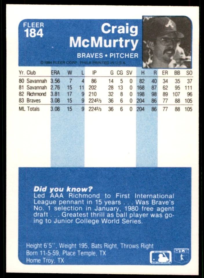 1984 FLEER CRAIG MCMURTRY . ATLANTA BRAVES #184 - Image 2 of 2