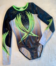 GK ELITE Gymnastics LEOTARD Competition SEQUIN Bling GREEN Black WHITE Leo SZ AS