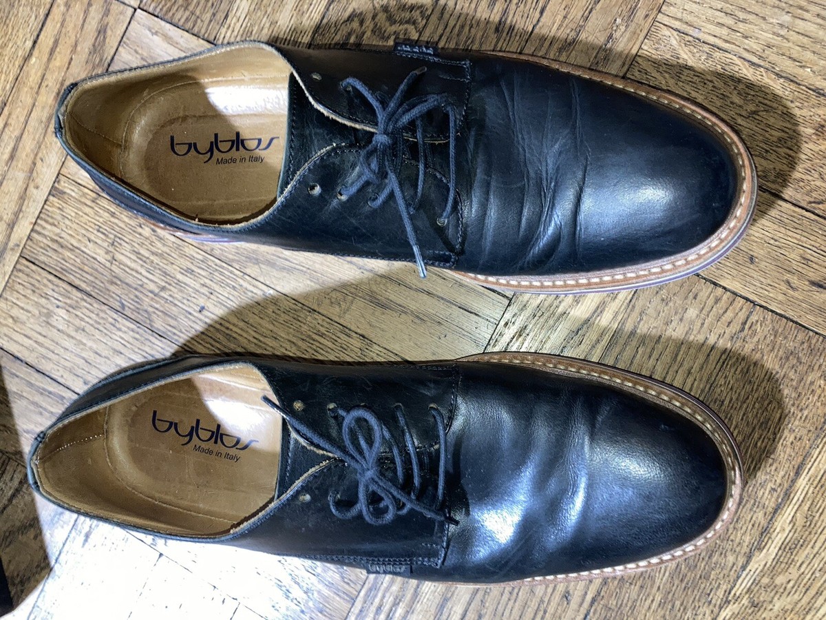 $325 BYBLOS BLACK LEATHER RED BLUE STRIPED SOLE DERBY SHOES  display picture 1