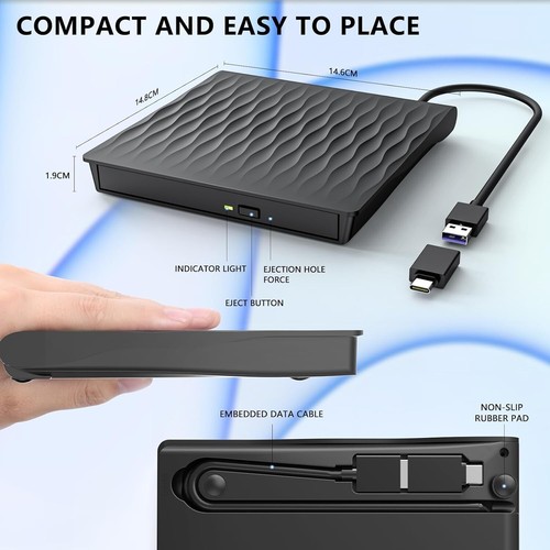 💿 DANGZW External CD DVD Drive - Slim Portable USB 3.0 & Type-C Optical Drive📀 - Afbeelding 16 van 18