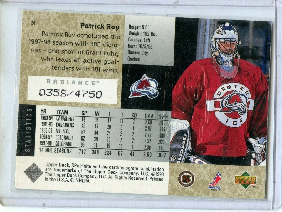 1998-99 SPx Finite Radiance #24 Patrick Roy 358/4750 - Image 2 of 2