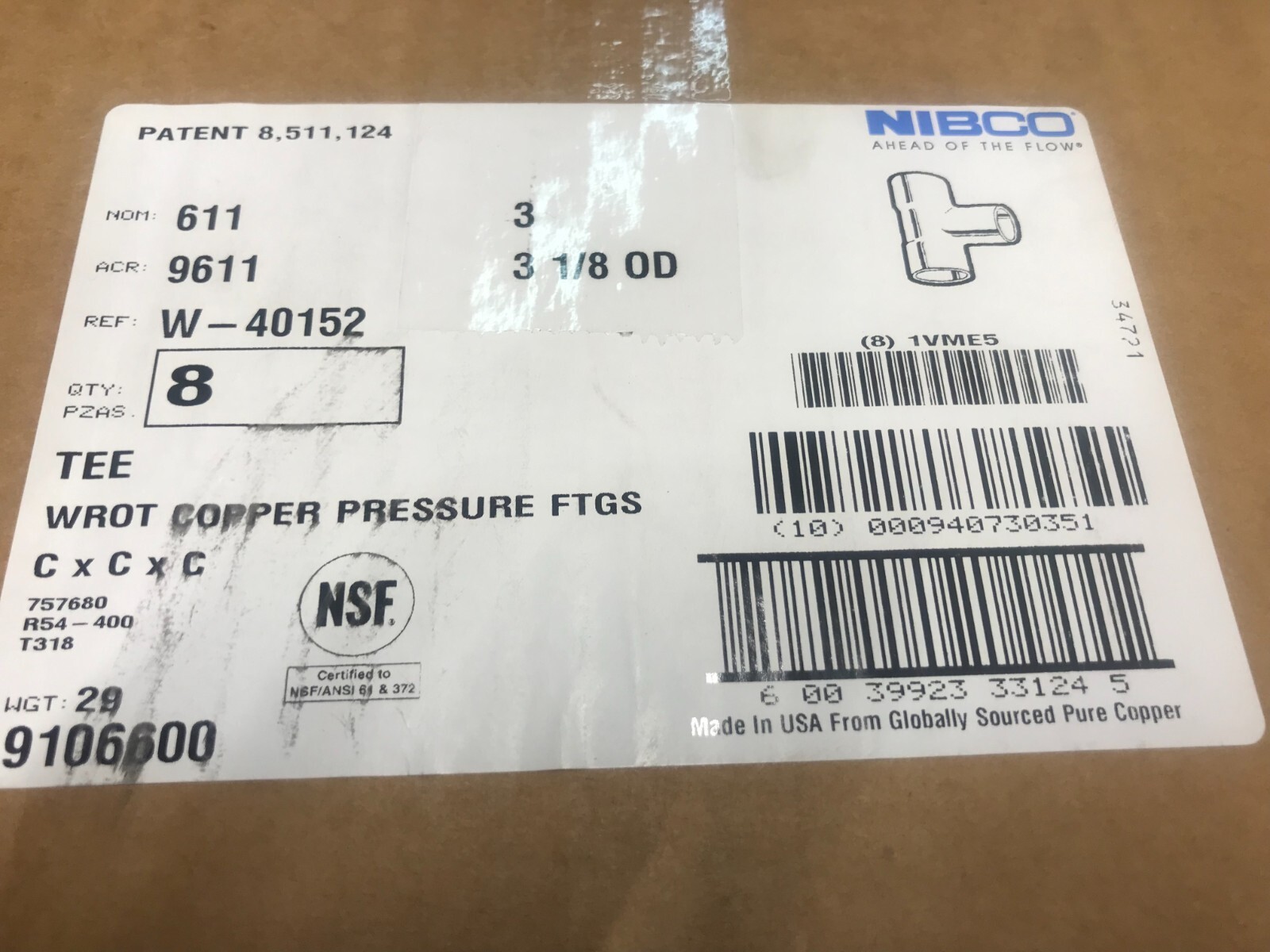 Nibco 611-318 - Copper Tee UPC: 60039923331245 (Box of 8)