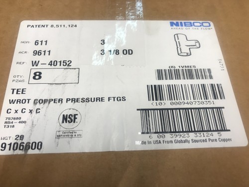 Nibco 611-318 - Copper Tee UPC: 60039923331245 (Box of 8)