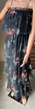 VTG 1970  s Joseph Magnin 2 Piece Black Floral Sheer Tiered Ruffled Maxi Dress