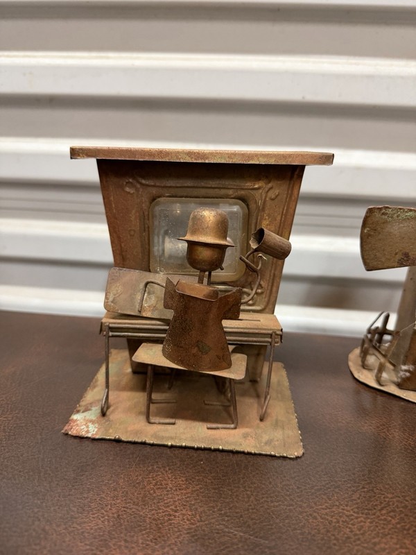 Six Antique Oxidized Copper Mechanical Music Boxes with Figures