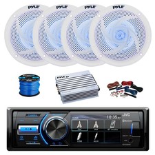 JVC Marine BT AM/FM Receiver, Amp w/Kit, 4X 5.25" 180W LED White Speakers,Wire