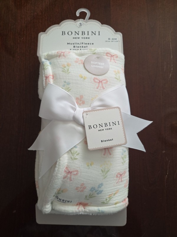 NEW Baby Blanket Muslin Cotton Fleece White Tiny Florals, Pink Bows Bonbini NWT