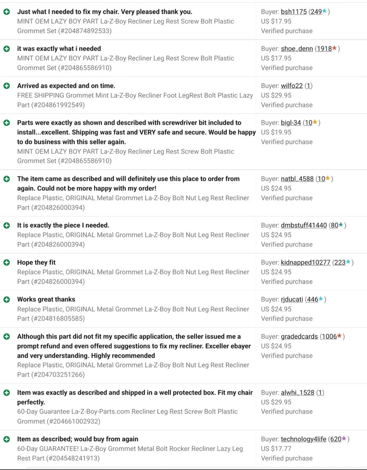 PEÇA DE MENINO PREGUIÇOSO FABRICANTE DE EQUIPAMENTO ORIGINAL La-Z-Boy descanso de perna reclinável parafuso parafuso conjunto de ilhós de plástico - Imagem 2 de 4