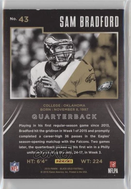 2015 Panini Black Gold Gold Foil /49 Sam Bradford #43 - Image 2 of 2