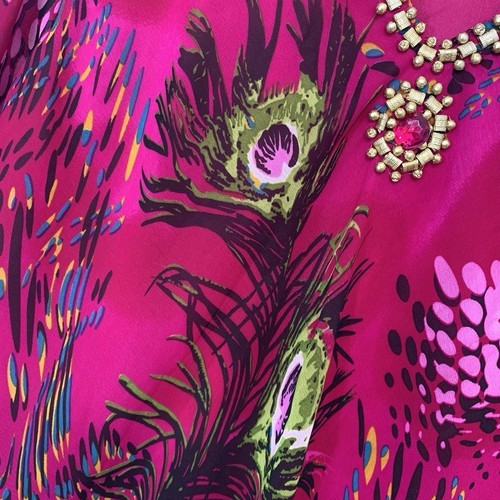 Signature JMB Top Woman 2X Pink Floral Artsy Beaded Tropical Flare Sleeve Travel - Picture 3 of 10