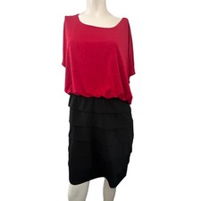 Enfocus Women Red Black Tiered Elastic Waist Party Dress 16W Christmas Holiday