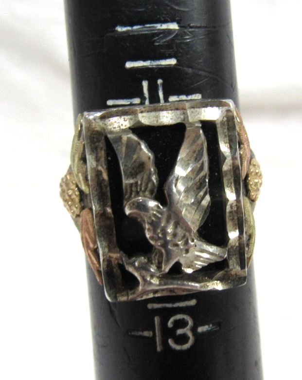 Riddles RGC Black Hills Silver Gold EAGLE Ring Sz 11.5 Sterling Onyx Org Box 10g View 6