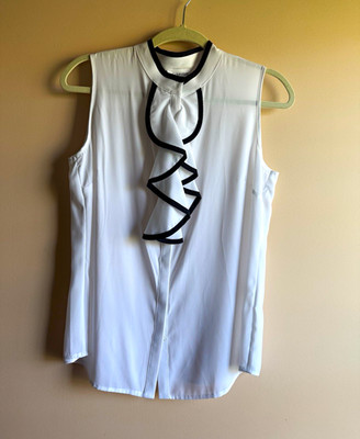 Calvin Klein White Sleeveless Ruffle Front Blouse Black Trim Button Size M