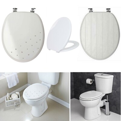 Weißer WC-Sitz Holz MDF starke Chrom Scharniere Klo Sitze Armaturen inklusive
