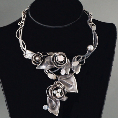 Rachel Gera Modernist Brutalist Sterling Silver & Pearl Floral Collar Necklace