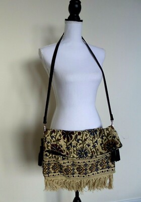 NWT ZARA Shoulder Crossbody Cotton Bag Fringe Calf Leather Beige Floral Medium 