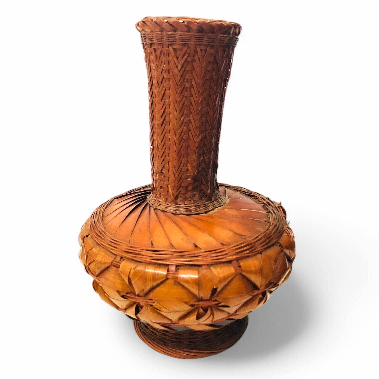 Japanese Bamboo Wicker Ikabena Vase Handcrafted Lacquer Boho Rustic Style V41