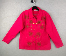 Quacker Factory Womens Jacket M Red Denim Button Up Beaded Embroidered Floral