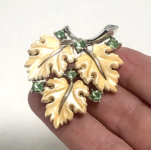 Vintage Lisner Brooch Oak Leaf 1960's Cream Lime Green Rhinestones Signed 1.5"